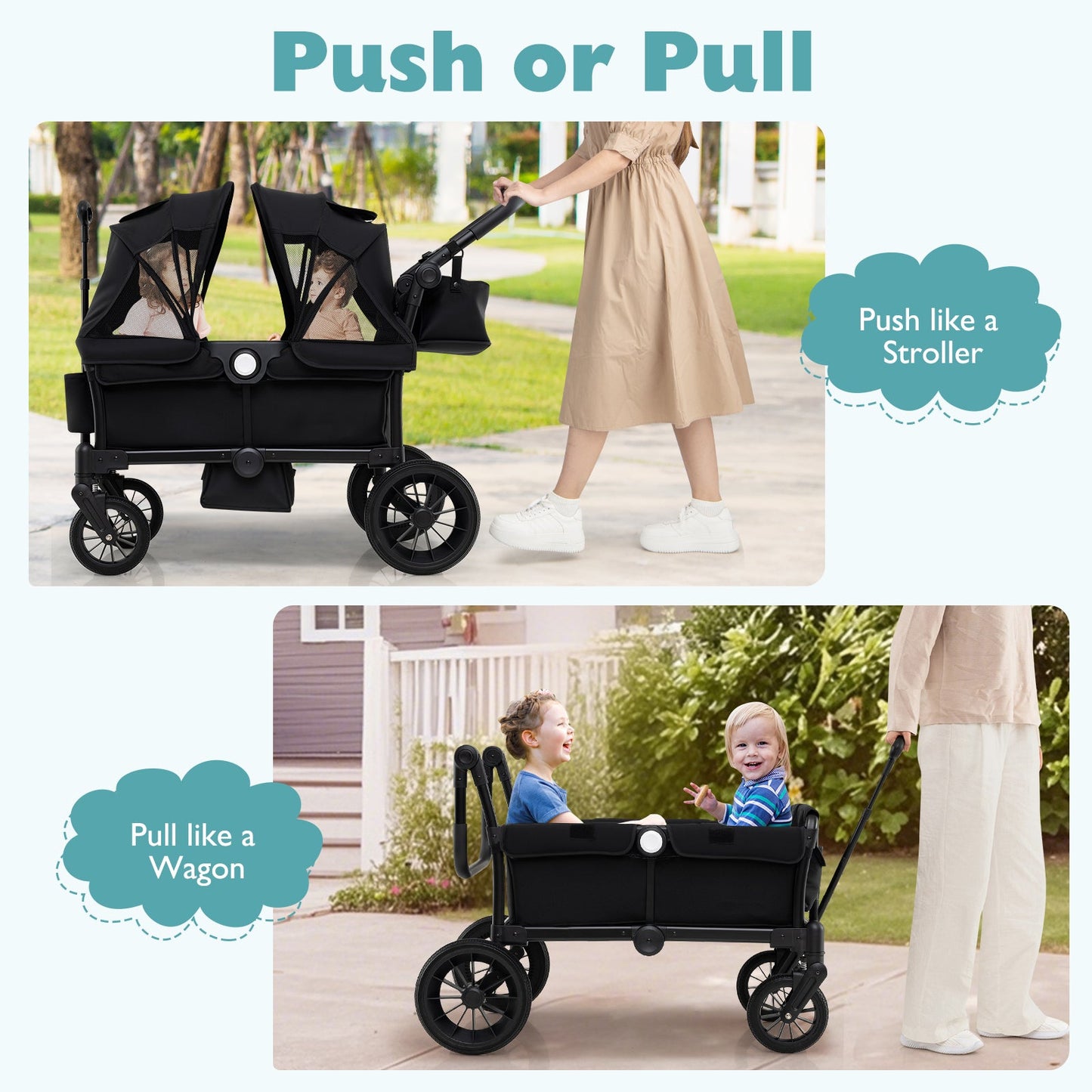 Carrito de Paseo Plegable para Niños de 2 Asientos - Negro