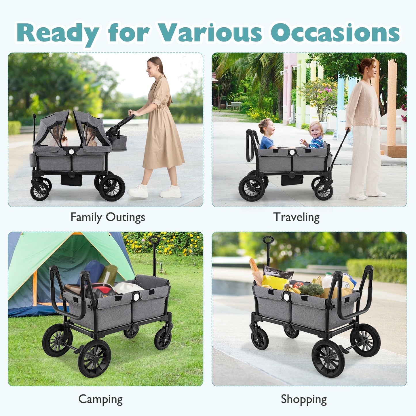 Carrito de Paseo Plegable para Niños de 2 Asientos - Gris