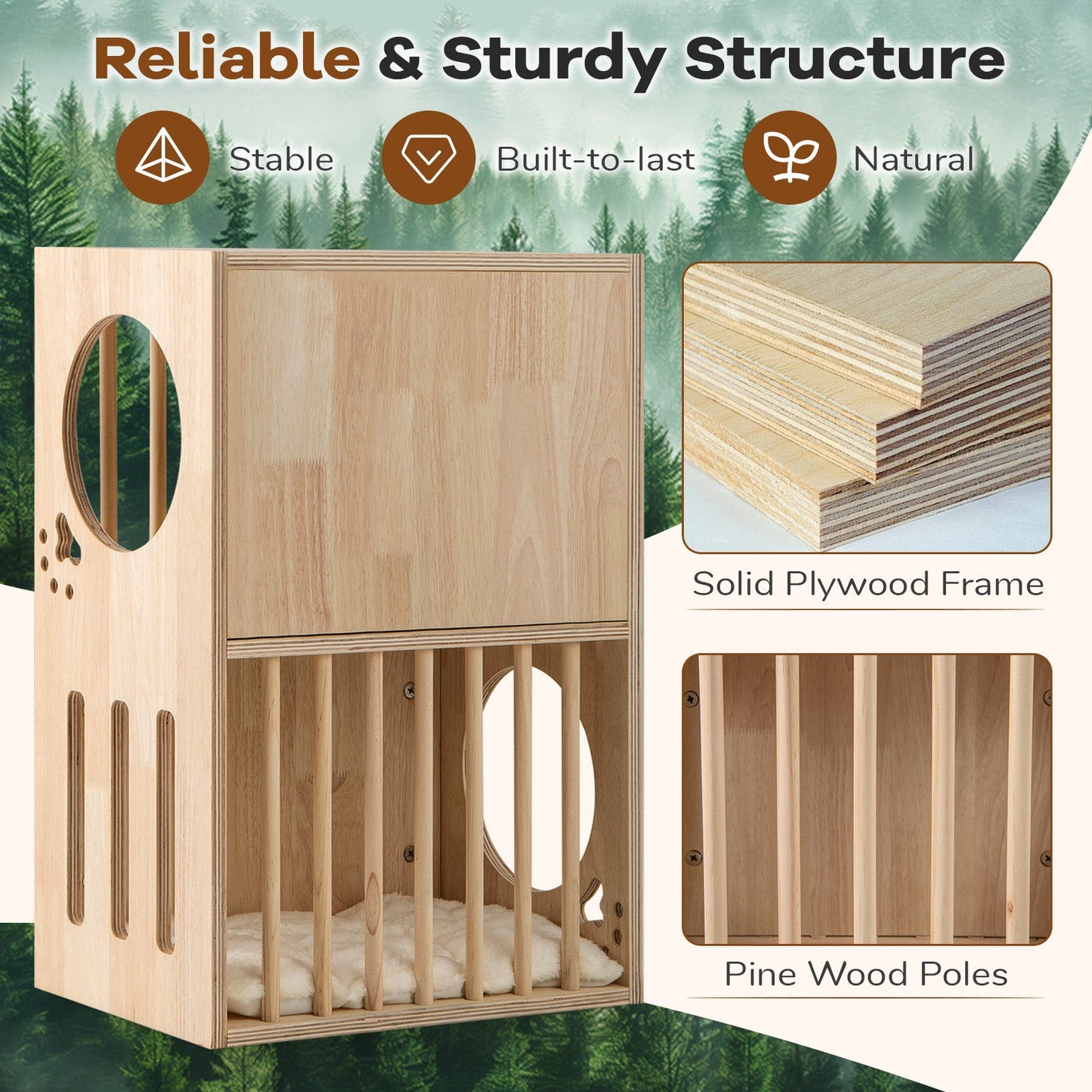 2-Tier Wooden Cat Condo with Removable Cushions