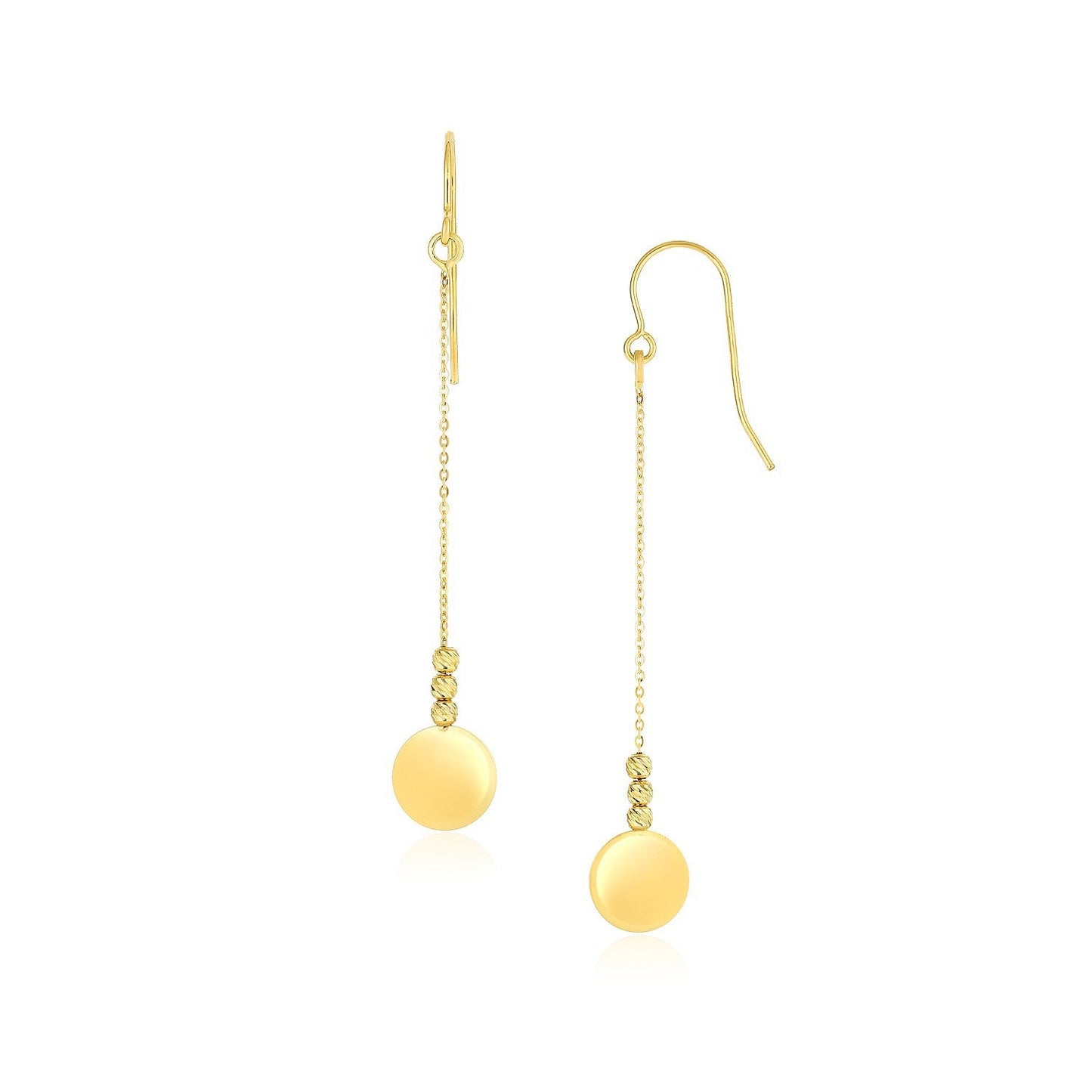 Pendientes colgantes de disco brillante y cuentas de oro amarillo de 14k