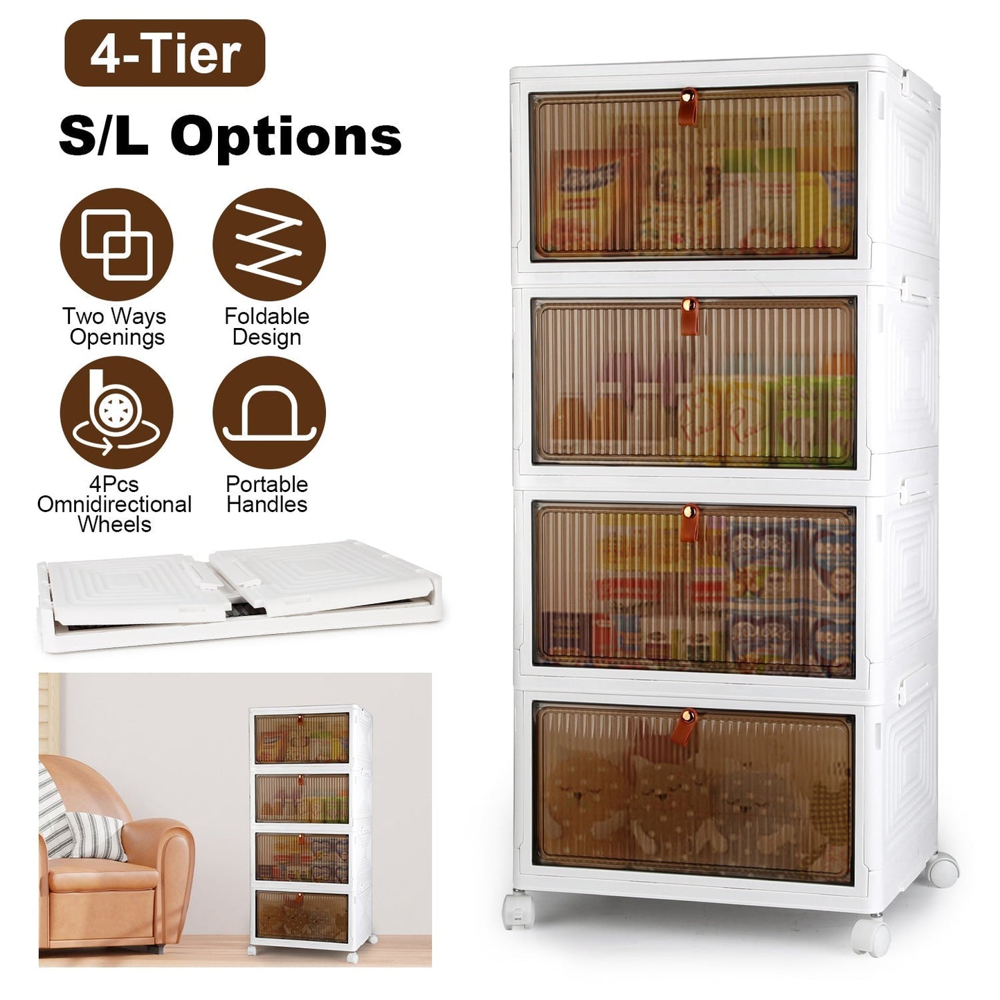 4-Tier Foldable Storage Bins with Magnetic Doors & Wheels