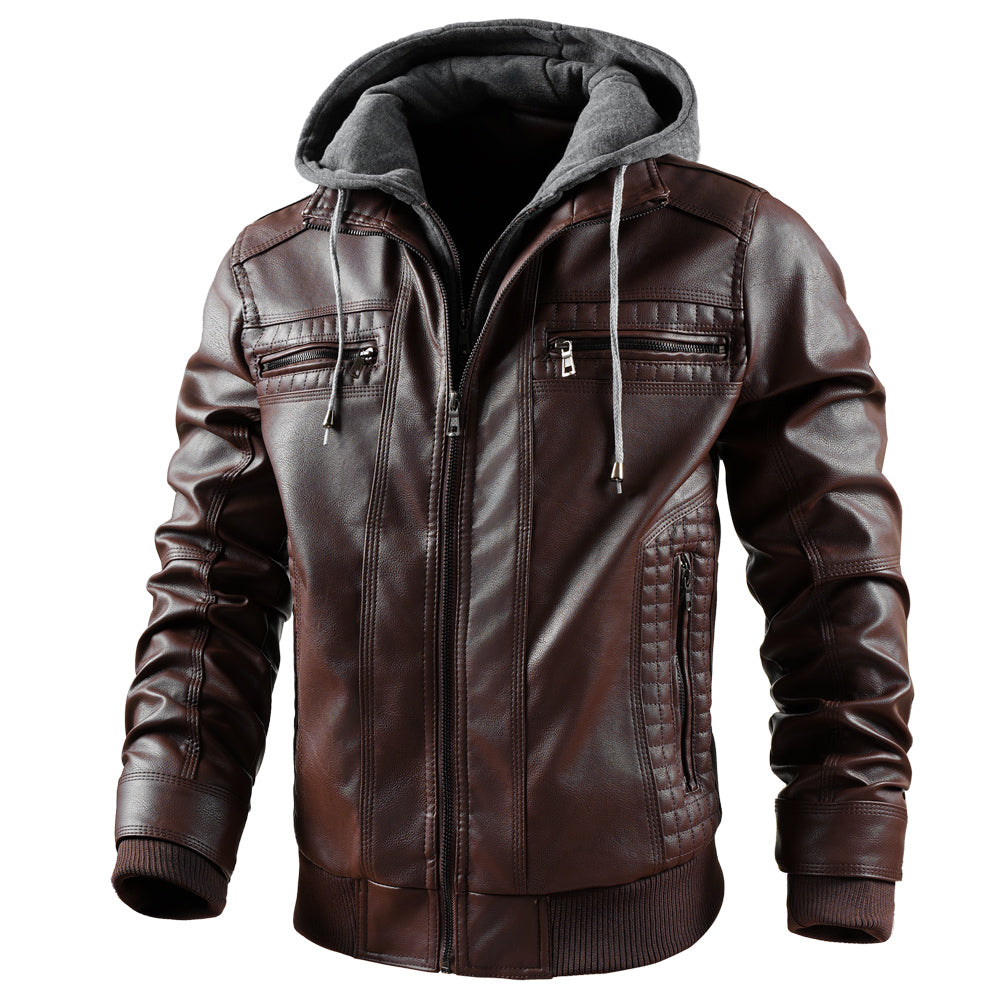 Men's Faux Leather Jacket Motorcycle Jacket Waterproof Windproof PU Moto Vintage Bomber Hoodie With Removable Hood - Korvel