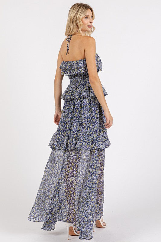 Robe maxi à col halter en fleurs froncées et volantes