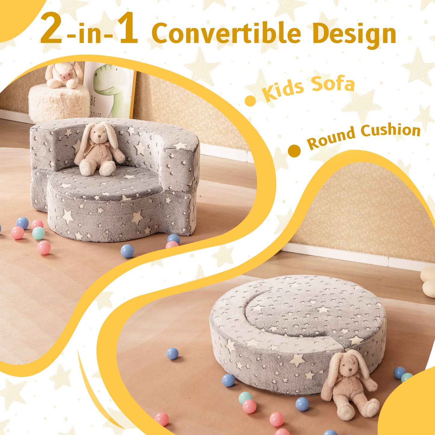 Silla y Sofá 2 en 1 que Brilla en la Oscuridad para Niños - Gris