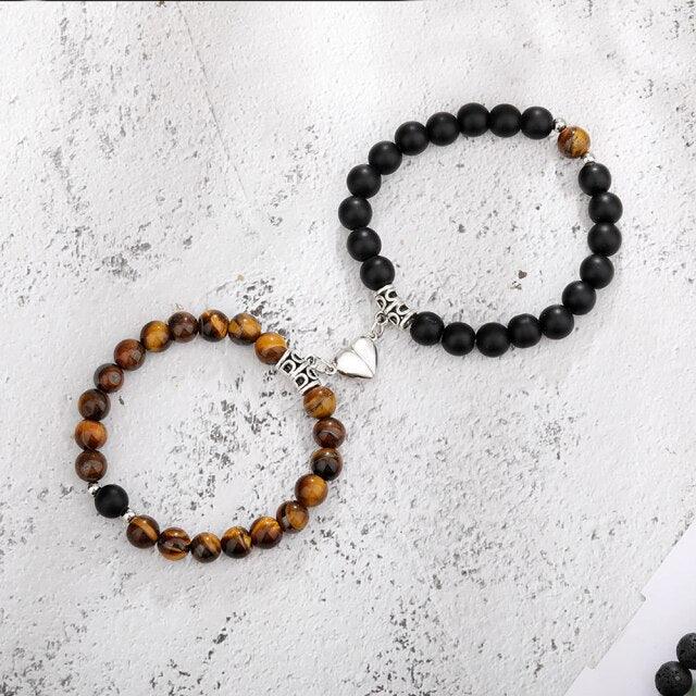Ensemble de Bracelets pour Couples - Perles en Pierre Naturelle avec Cœurs Magnétiques