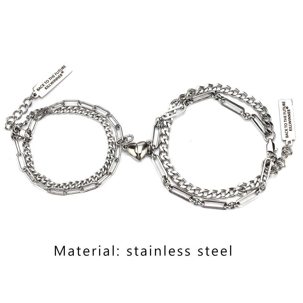 Ensemble de Bracelets Vintage en Acier Inoxydable à Double Chaîne pour Couples