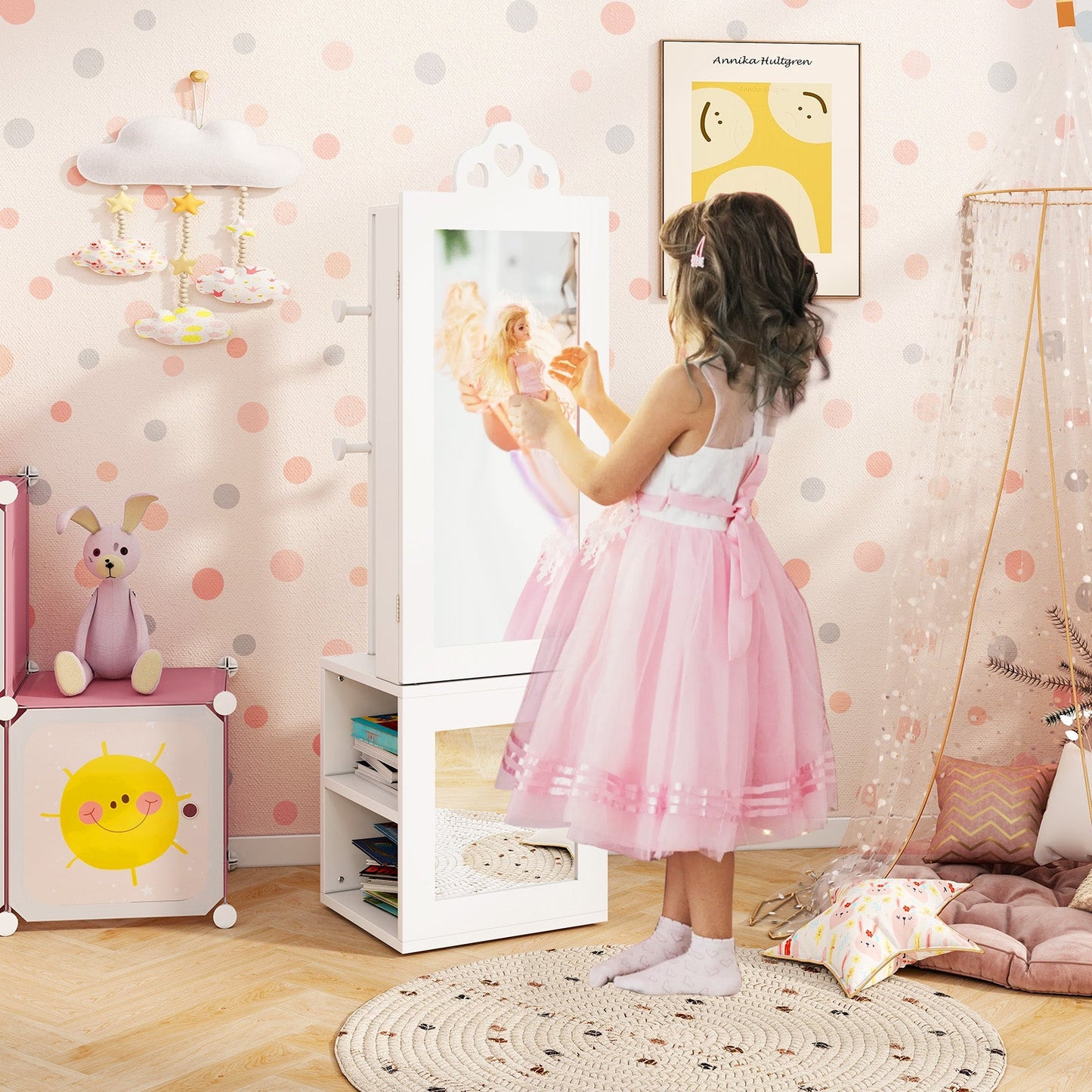 Armoire à bijoux pour enfants 3-en-1 avec miroir pleine longueur - Blanc
