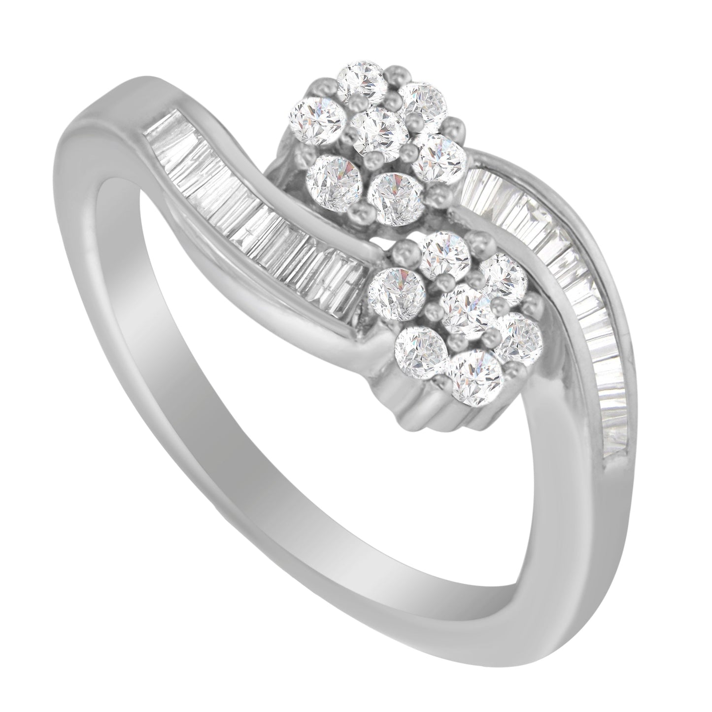 14K White Gold Round and Baguette Diamond Bypass Ring - Size 6