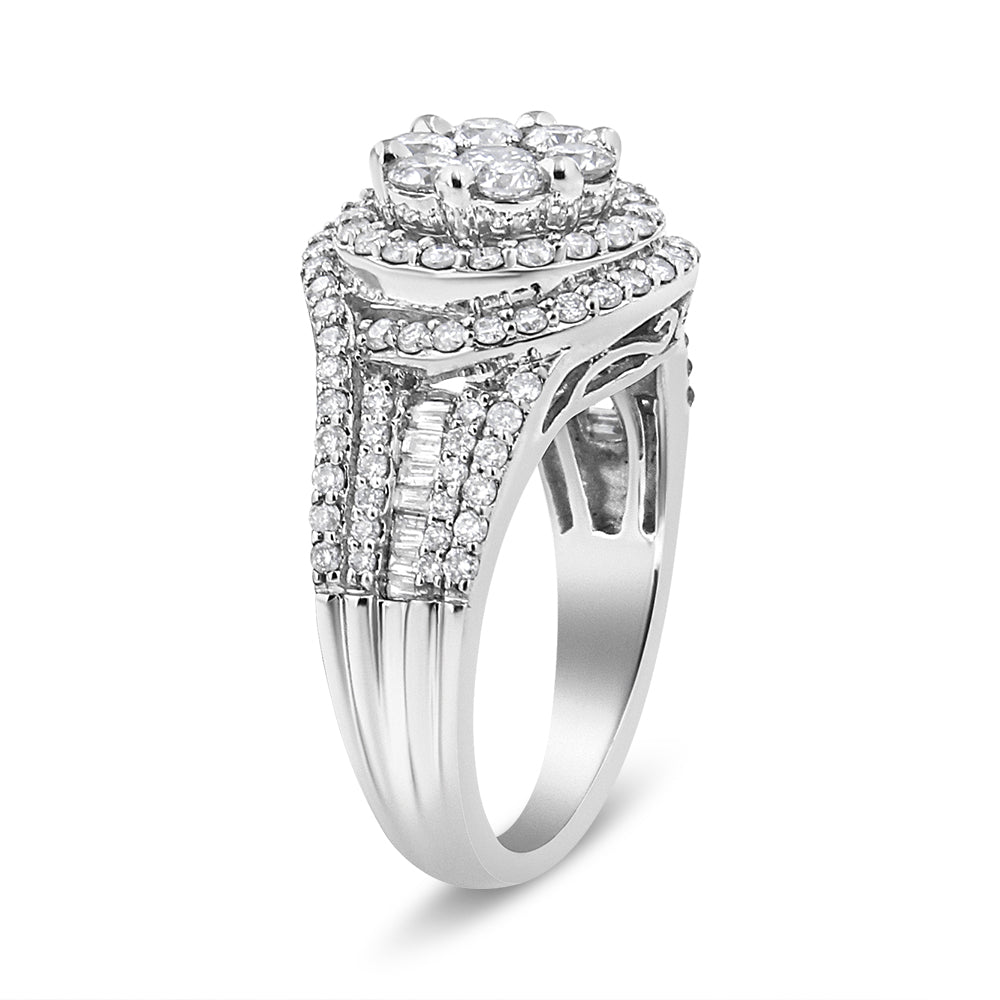 14K White Gold Diamond Floral Cluster Halo Ring - Size 7