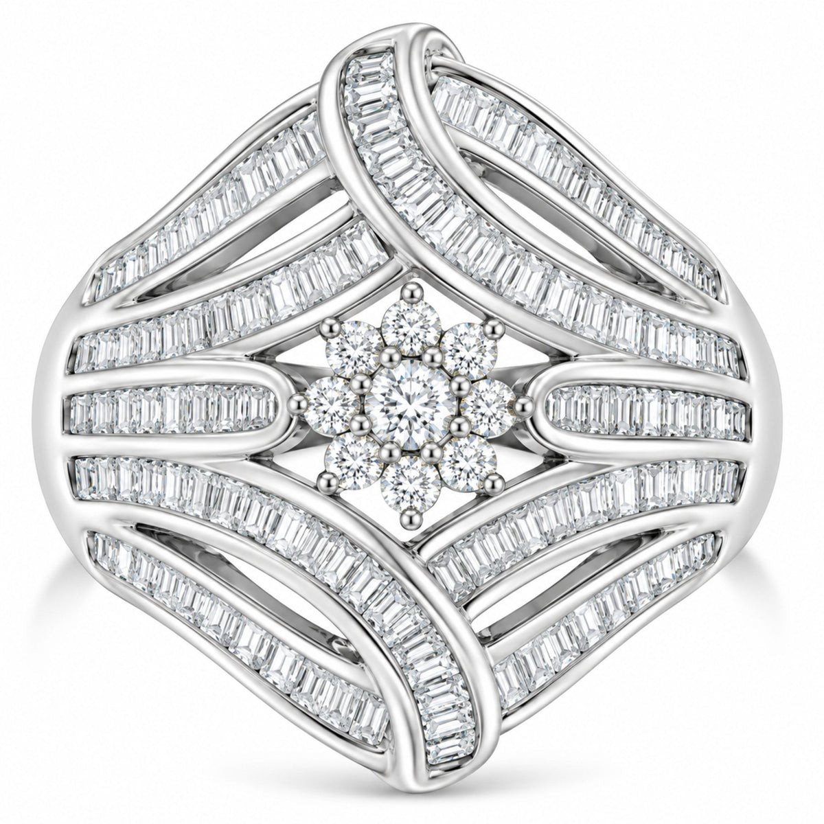 Anillo de cóctel de diamantes en forma de flor y helecho de plata esterlina .925 - Talla 6
