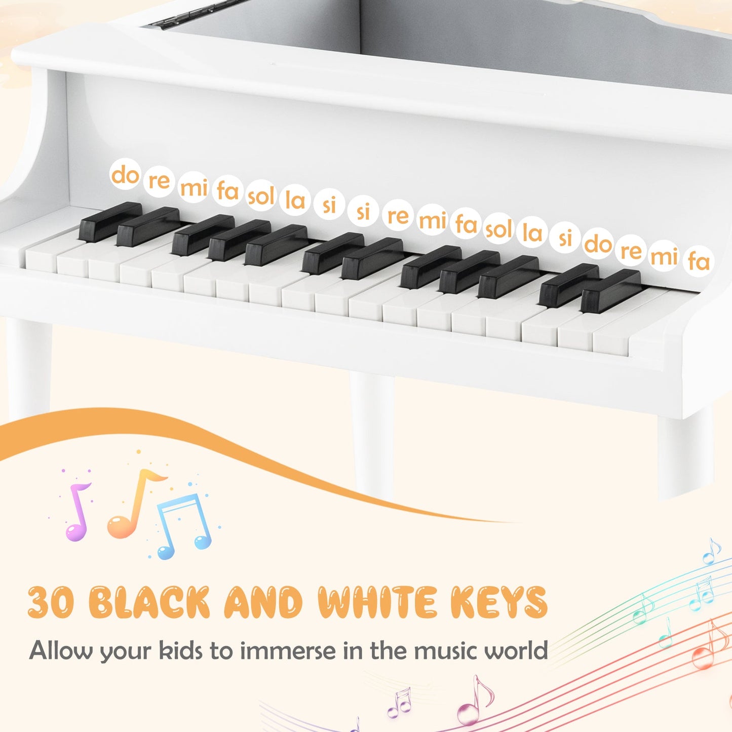 Piano de Juguete de Madera para Niños de 30 Teclas con Banco y Soporte para Música - Blanco