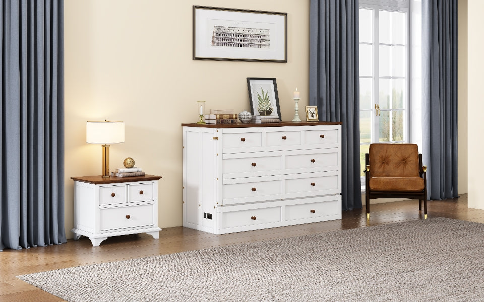 Solid Pine Murphy Bed Chest with Charging Station and Large Storage Drawer for Home Office or Small Room , Queen, White+Walnut - Korvel