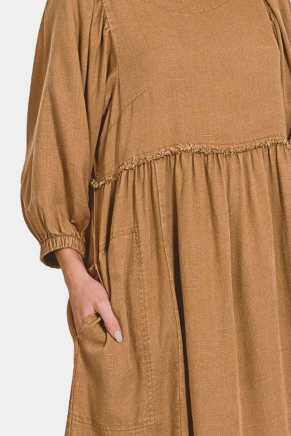 Vestido de Babydoll de Lino Lavado con Mangas Abullonadas Plisadas