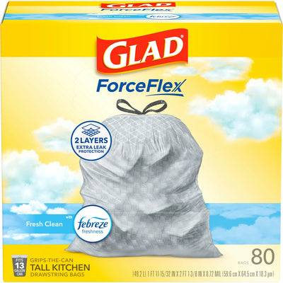 Glad ForceFlex Kitchen Drawstring Trash Bags - 13 Gallon, Fresh Clean Scent