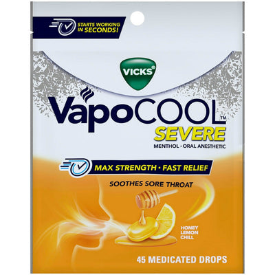 Vicks Vapo Cool Severe Medicated Lozenges, Honey Lemon Chill, 45 Drops