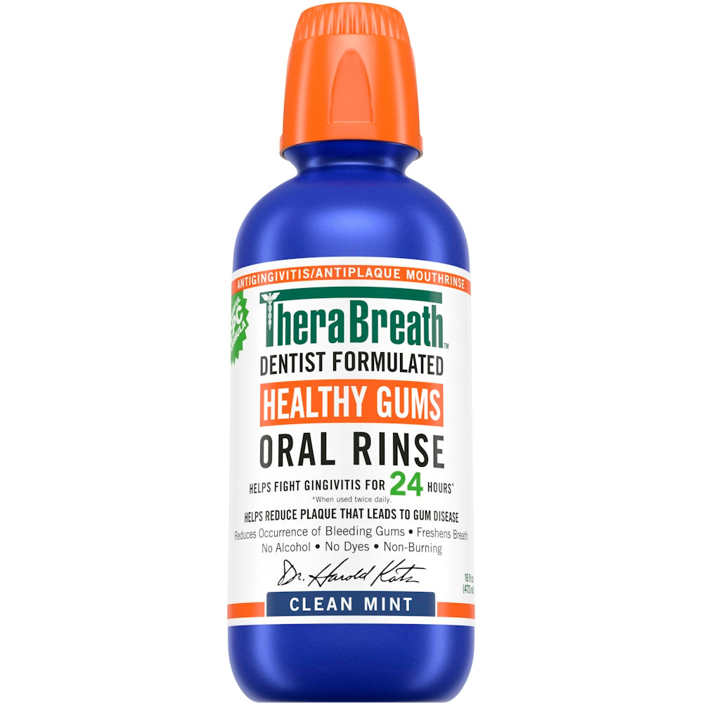 Enjuague bucal TheraBreath Healthy Gums, menta limpia 16 Fl Oz