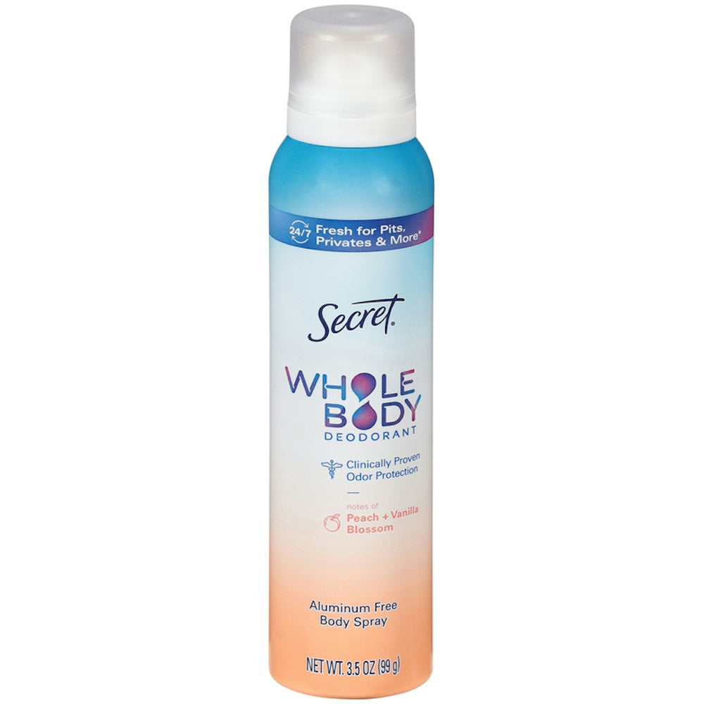 Spray déodorant Secret Whole Body sans aluminium, Pêche & Fleur de Vanille - 3,5 oz