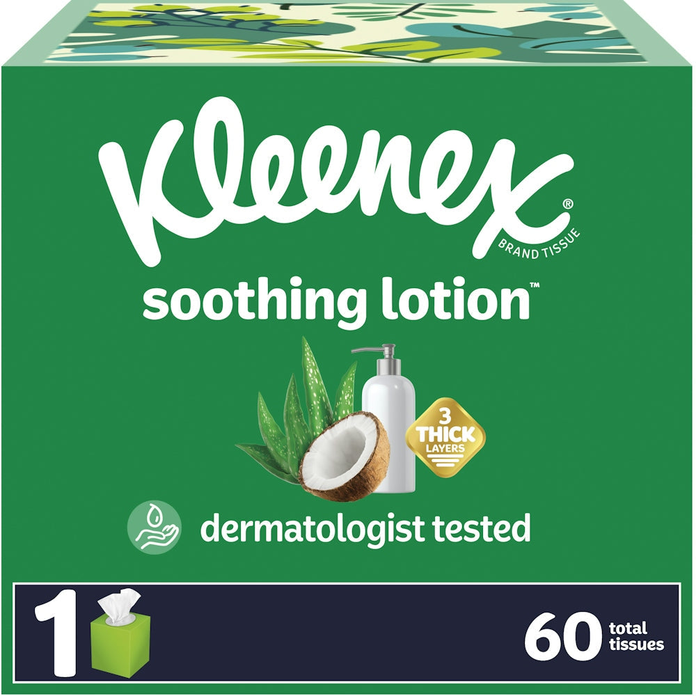 Kleenex Tissus Faciaux Apaisants avec Lotion, Huile de Coco et Aloe - 60 Tissus