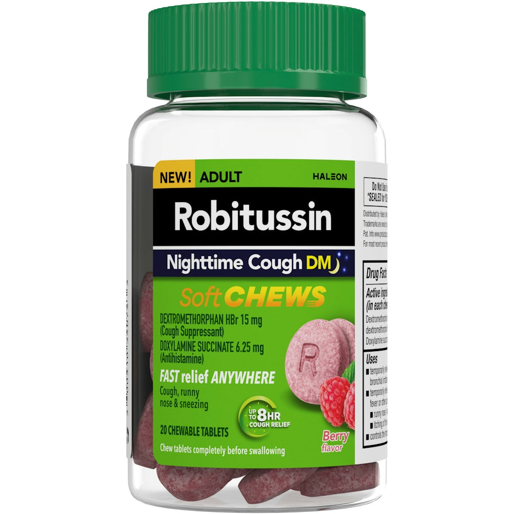 Robitussin Soft Chews, DM contre la toux nocturne, formule adulte, saveur baie
