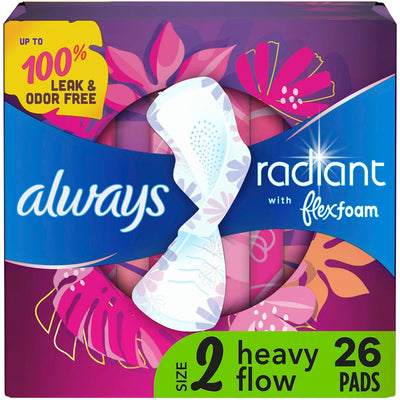 Always Radiant Pads, Size 2, Heavy Flow, Light Clean Scent, 26 Count