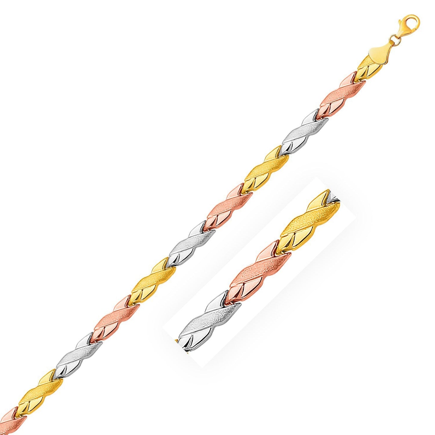 Bracelet X en or tri-couleur 14k brillant et texturé