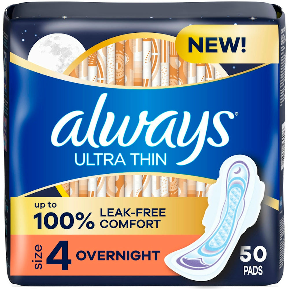 Always Ultra Thin Overnight Pads with Wings, Size 4, Unscented, 50 Count