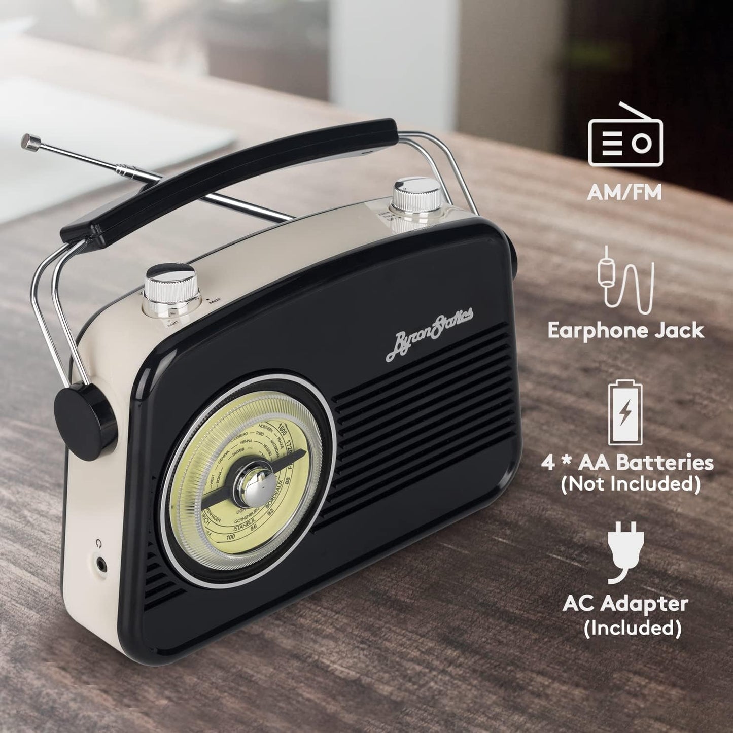 Black AM FM Radio - Small Portable Radios Vintage/Retro with Headphone Jack, Large Analog Rotary Tuning Dial - Korvel