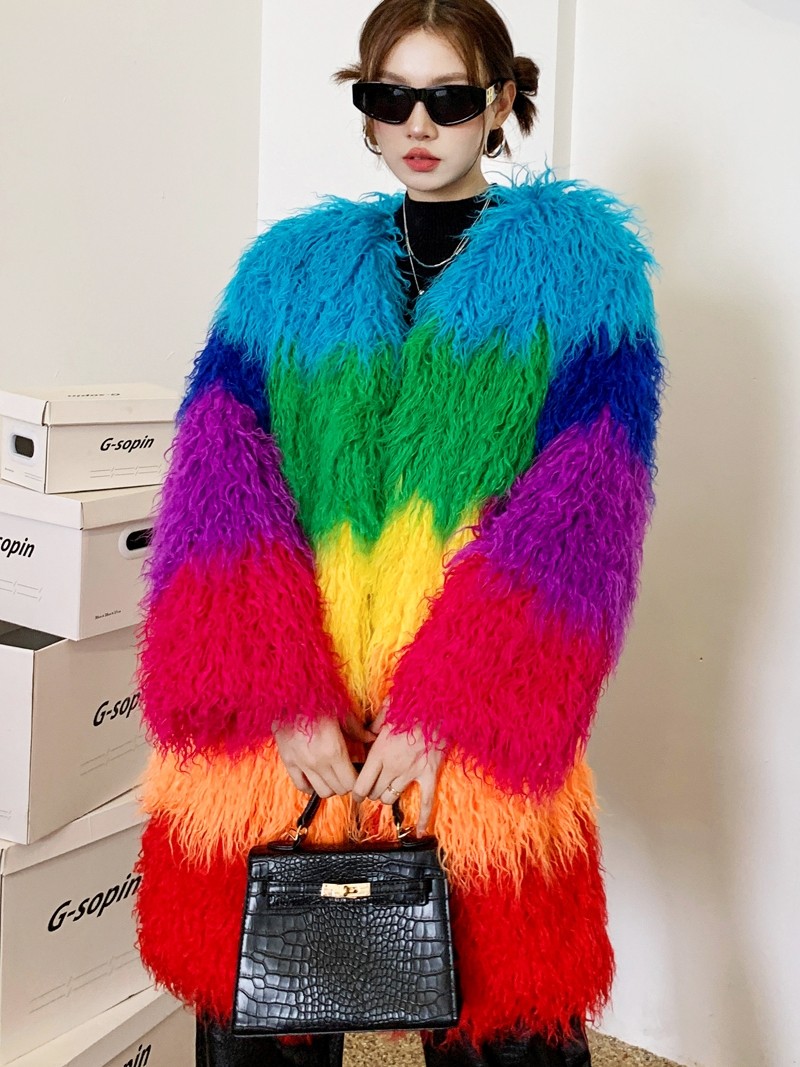 Contrast-Color Plush Patchwork Overcoat