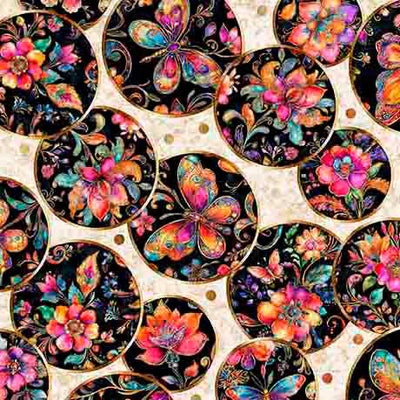Fluttering Gardens Butterfly Medallion Cotton Fabric - Oatmeal
