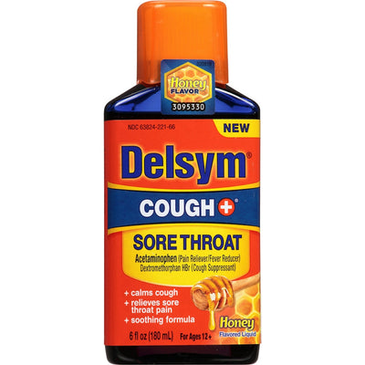 Delsym Cough + Sore Throat Liquid, Honey Flavor, 6 Fl Oz