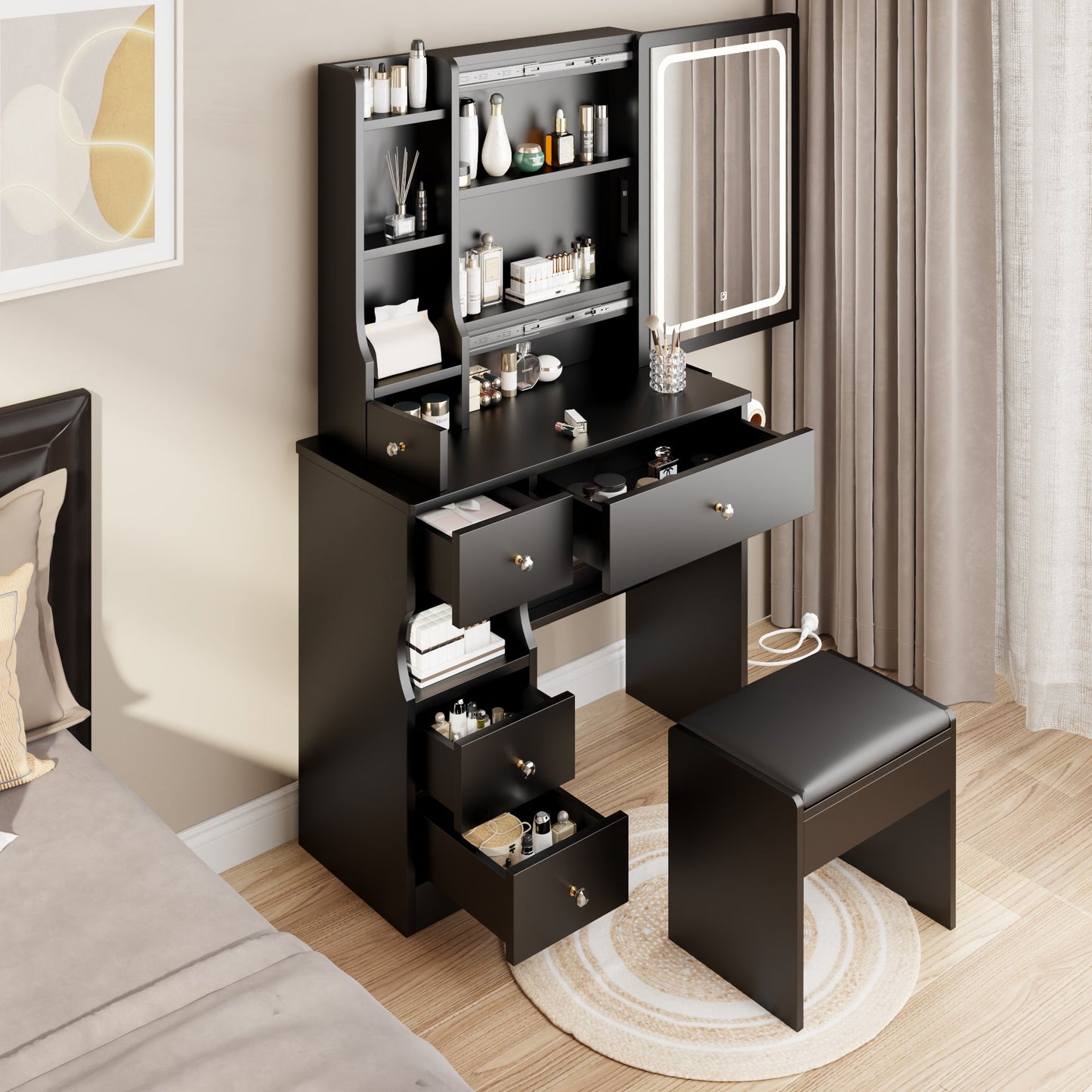 Left drawer desktop vanity+cushioned stool, 2 AC+2 USB power stations, touch sliding LED mirror, tri color switch - Korvel