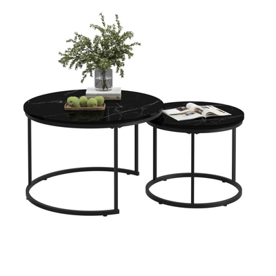 A set of nested coffee tables, 27.6-inch round coffee table, wooden marble patterned tabletop, sturdy metal frame (black) - Korvel