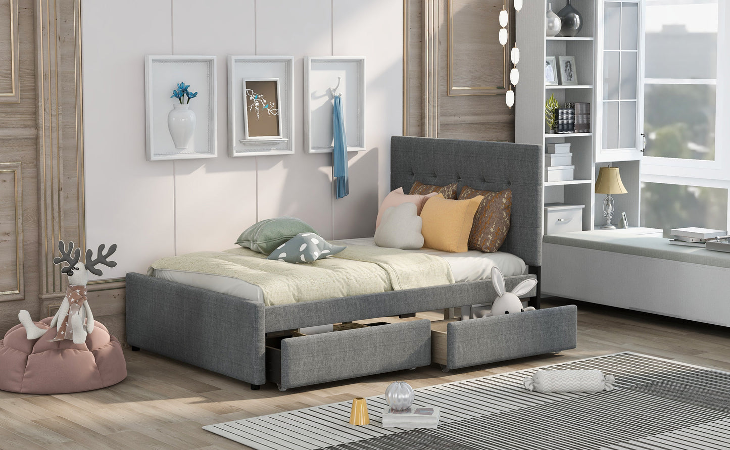 Linen Upholstered Platform Bed With Headboard and Two Drawers Full - Korvel