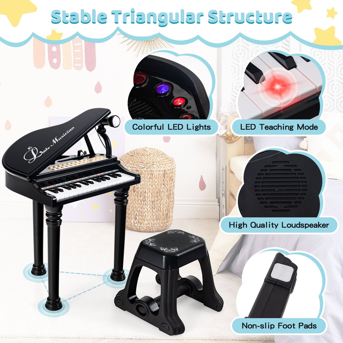 Clavier de piano pour enfants 31 touches avec tabouret et couvercle - Noir