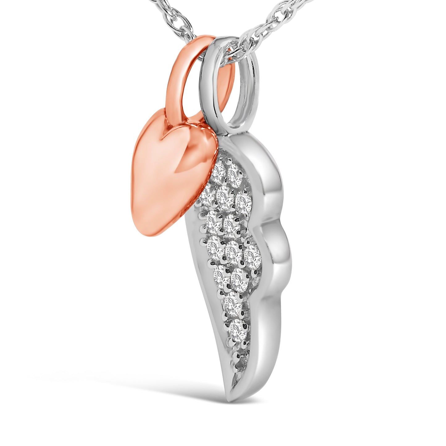 Collar con colgante de corazón y alas de diamante chapado en oro rosa de 14K