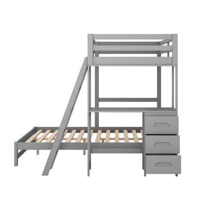 Twin over Full Bunk Bed with Built-in Desk and Three Drawers Grey - Korvel