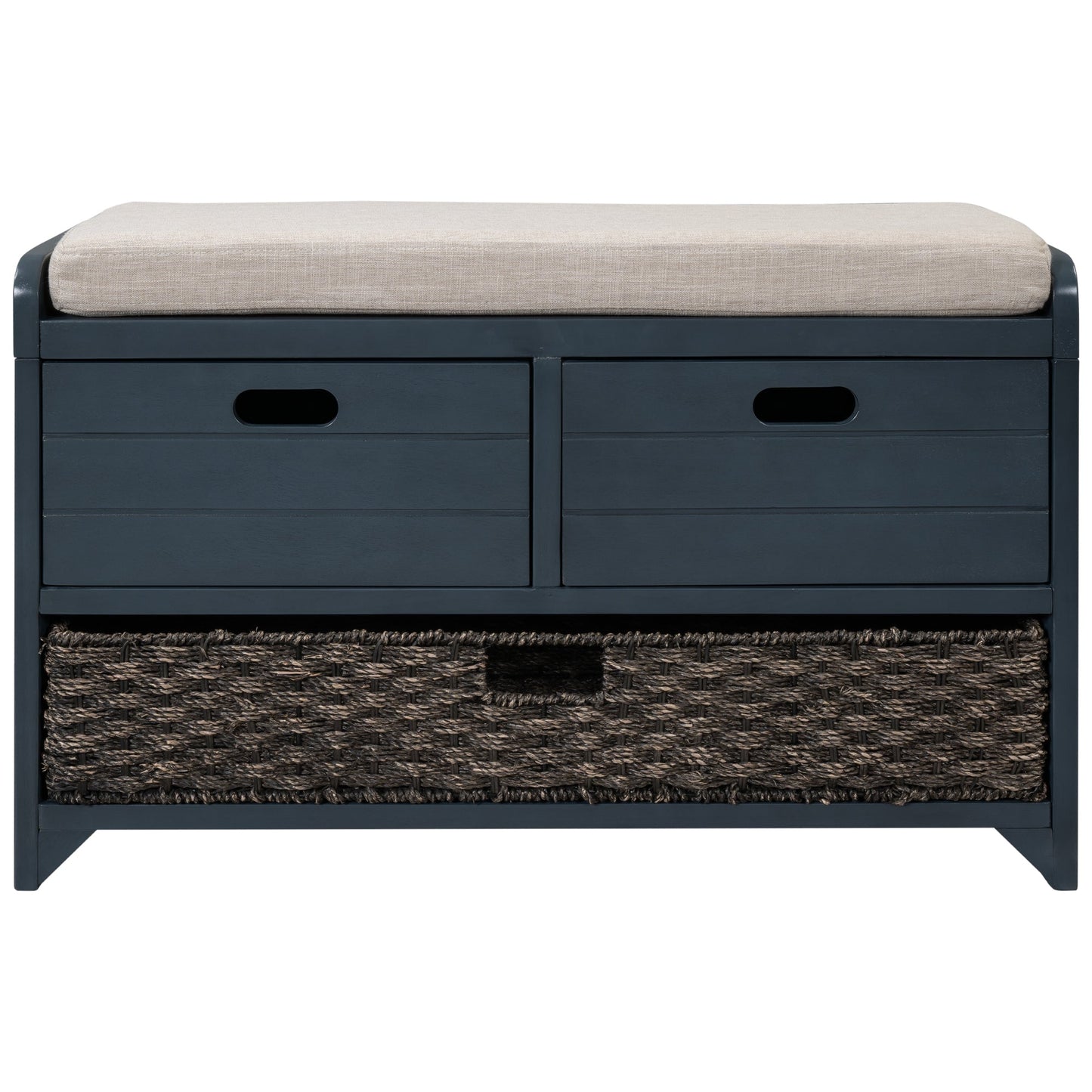 TREXM Storage Bench with Removable Basket and 2 Drawers, Fully Assembled Shoe Bench with Removable Cushion (Navy) - Korvel