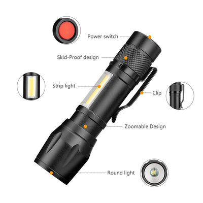 COB LED Flashlight Super Bright Waterproof Handheld Flashlights Torch Pocket Work Light for Emergency Lighting - Korvel