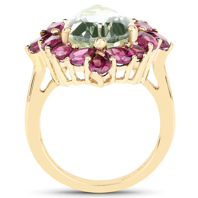 14K Yellow Gold Plated Green Amethyst & Rhodolite Cocktail Ring