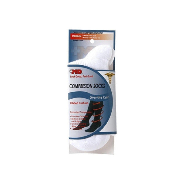 +MD Unisex Ribbed Compression Socks - Over the Calf, White, Medium