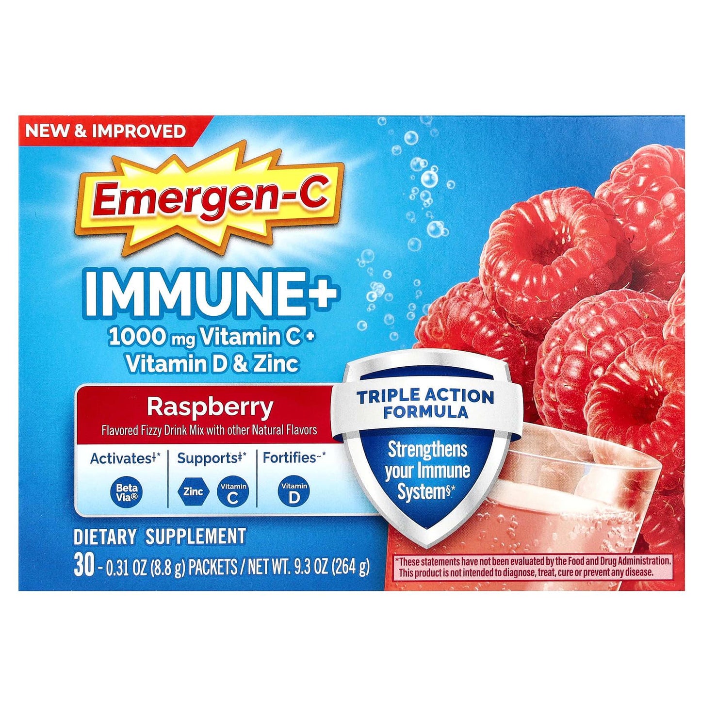 Emergen-C Immune Support+ Fizzy Drink Mix - Raspberry Flavor, 30 Packets
