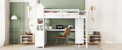 Wood Loft Bed with Cabinet and Bookshelf, Full Size Loft with Wardrobe and Desk for Kids,White - Korvel