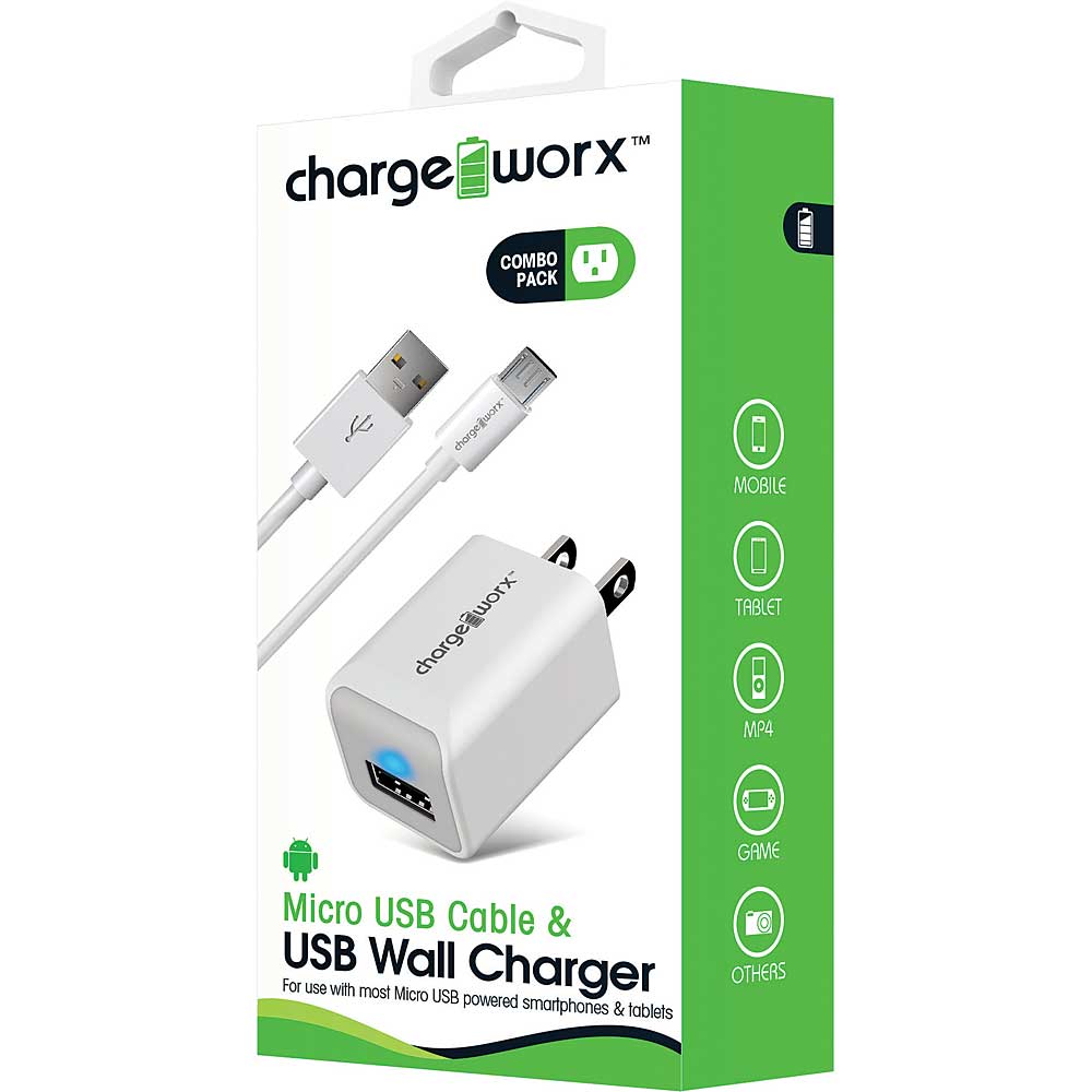 Cable de sincronización Micro USB y cargador de pared Chargeworx - Blanco