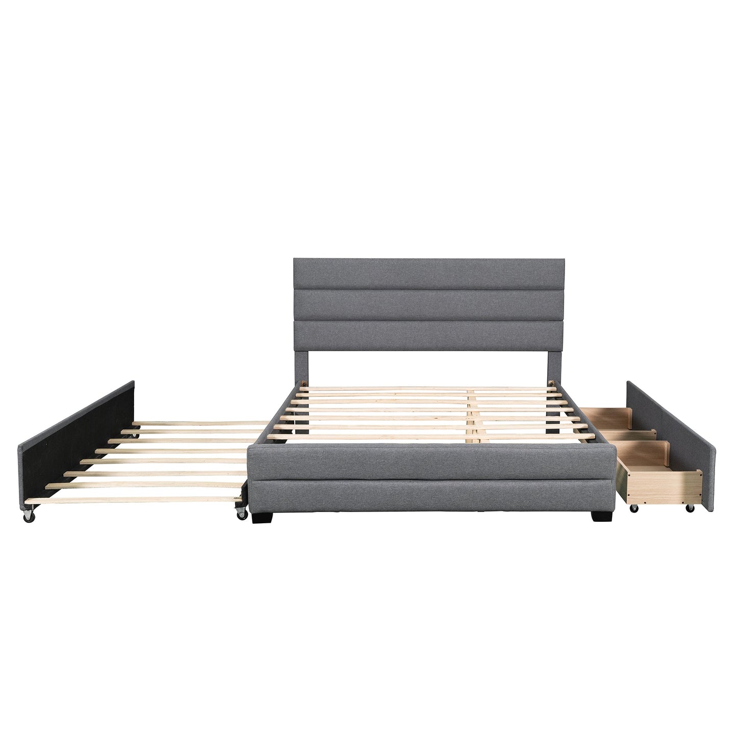 Queen Upholstered Platform Bed with Twin Size Trundle and Two Drawers Grey - Korvel
