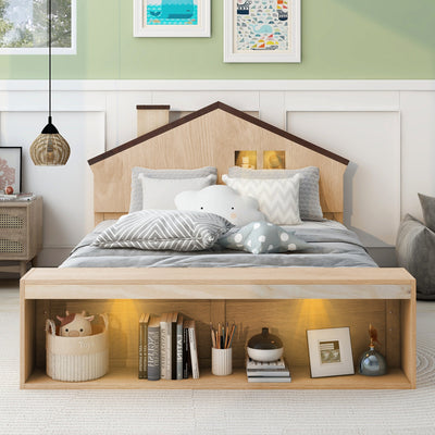 Full Size House Platform Bed with LED Lights and Storage, Wood Color - Korvel
