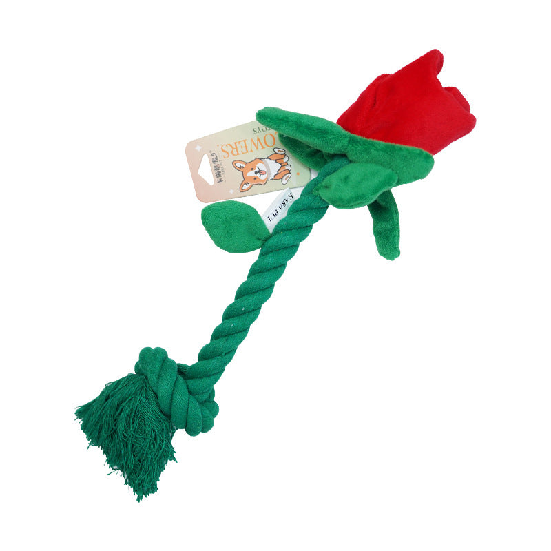 Dog Toy Rose Flower Plush Durable Biting Tooth Cleaning Cotton Rope Knot Crinkle Sound Self-Entertainment Interactive Pet Product - Korvel