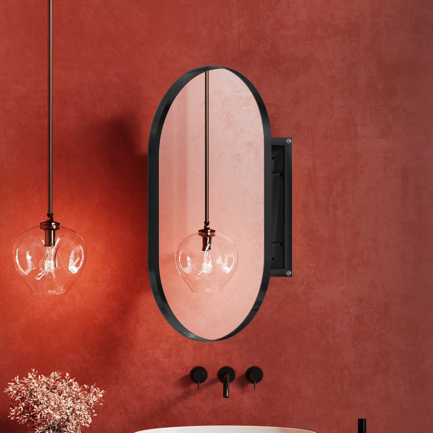 Matte Black Oval Embedded Medicine Cabinet with Mirror