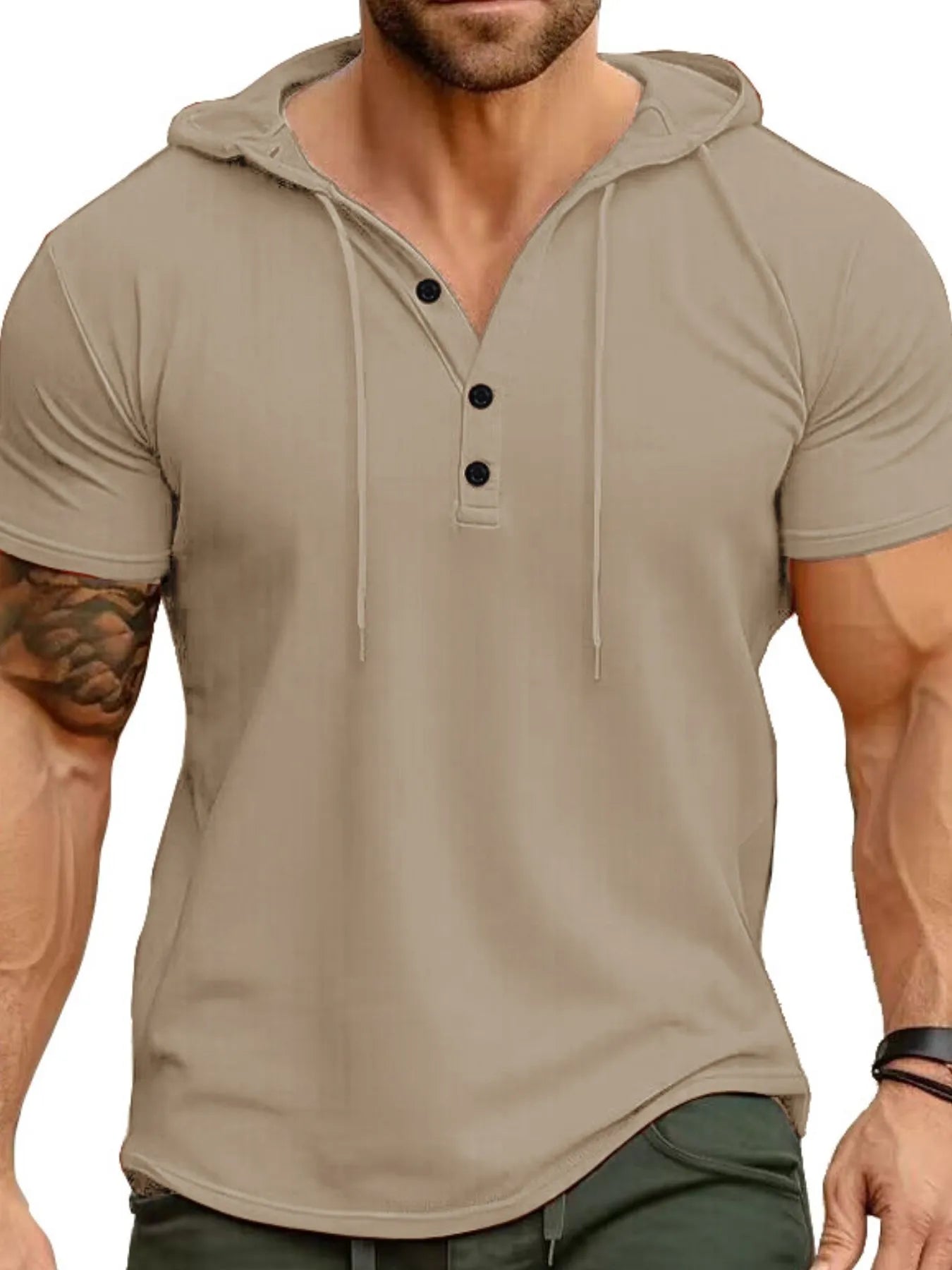 Camiseta Henley con Capucha Casual para Hombre en Tallas Grandes