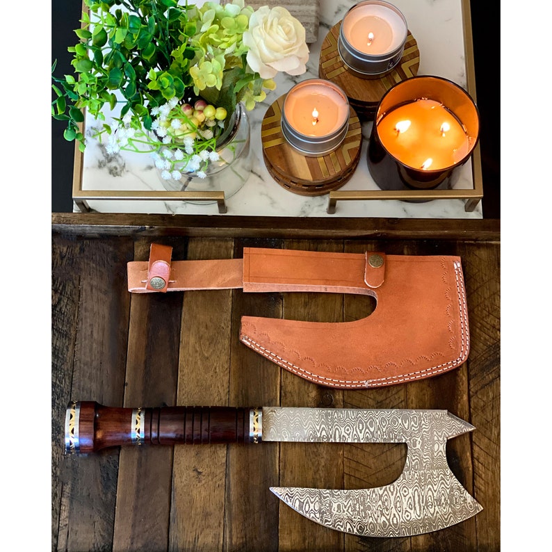 Premium Damascus Steel Axe with Elegant Rosewood Handle and Leather Sheath - Korvel
