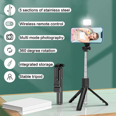 Selfie Stick with Fill Light Extendable Selfie Stick Tripod with Wireless Remote and Phone Holder Group Selfies For All phones - Korvel